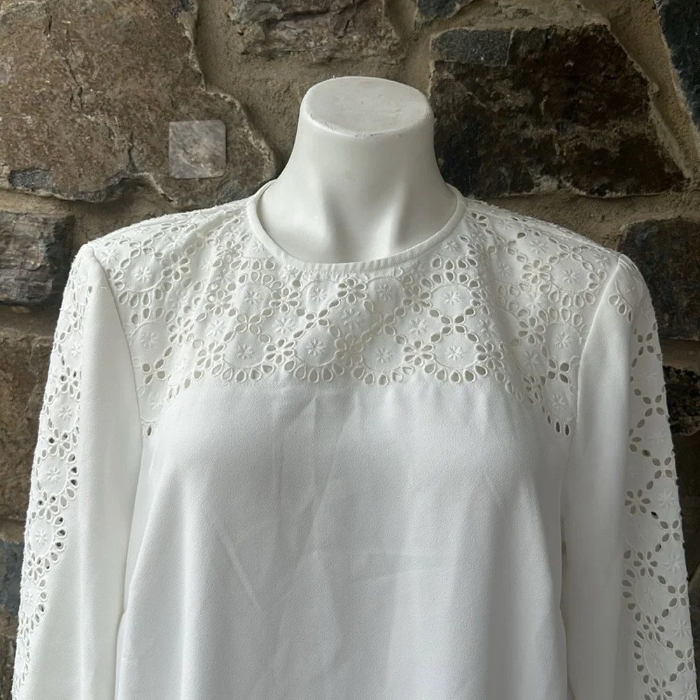 J. Crew White Laser-Cut Eyelet Lace Long Sleeve Shift Dress in 365 Crepe Size 14
